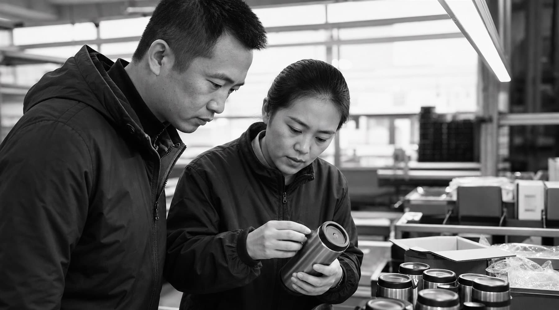Quality-control specialist inspecting a product in a factory