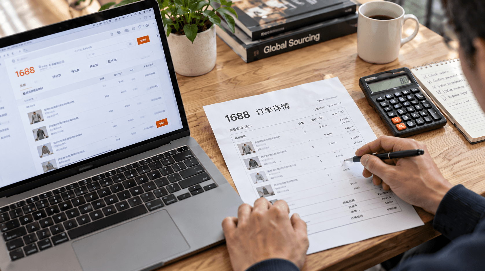 A sourcing specialist cross-checking a 1688 order against a printed supplier invoice