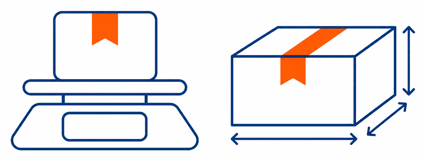 A parcel on a weighing scale beside a shipping box with dimension arrows