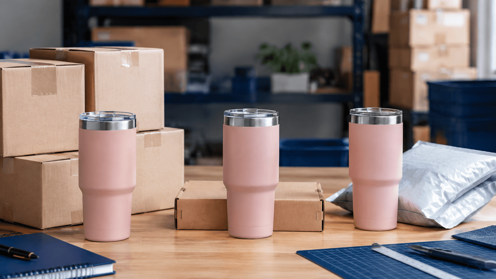 Three matching pink tumblers beside wholesale cartons, a retail parcel and an international shipping mailer.
