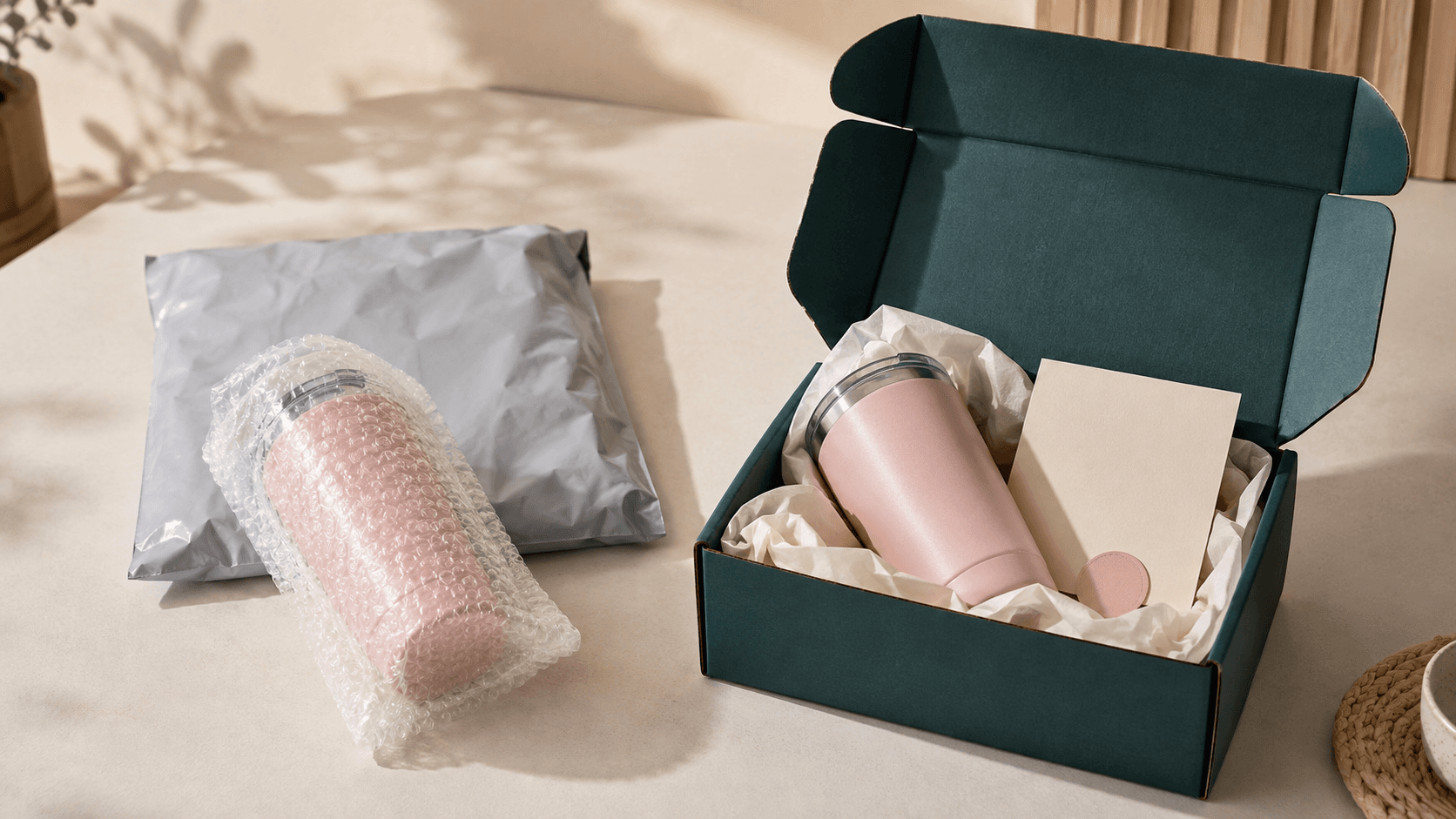 Pink tumbler in a premium teal gift box with tissue paper, compared with a plain shipping mailer.