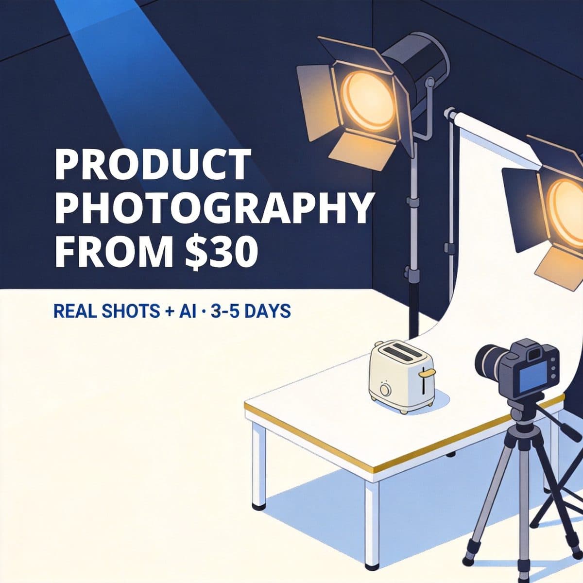 Product photography studio with a camera, lights and product shooting table.