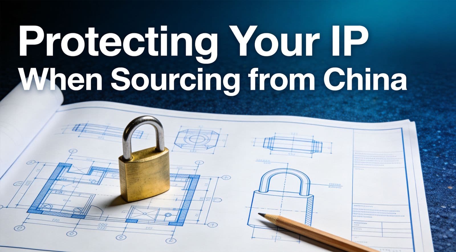 Padlock on product blueprints illustrating intellectual property protection when sourcing from China.
