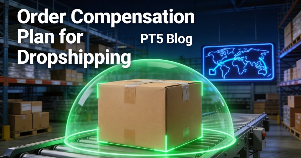 PT5 order compensation plan: a shipping parcel inside a glowing shield in a warehouse