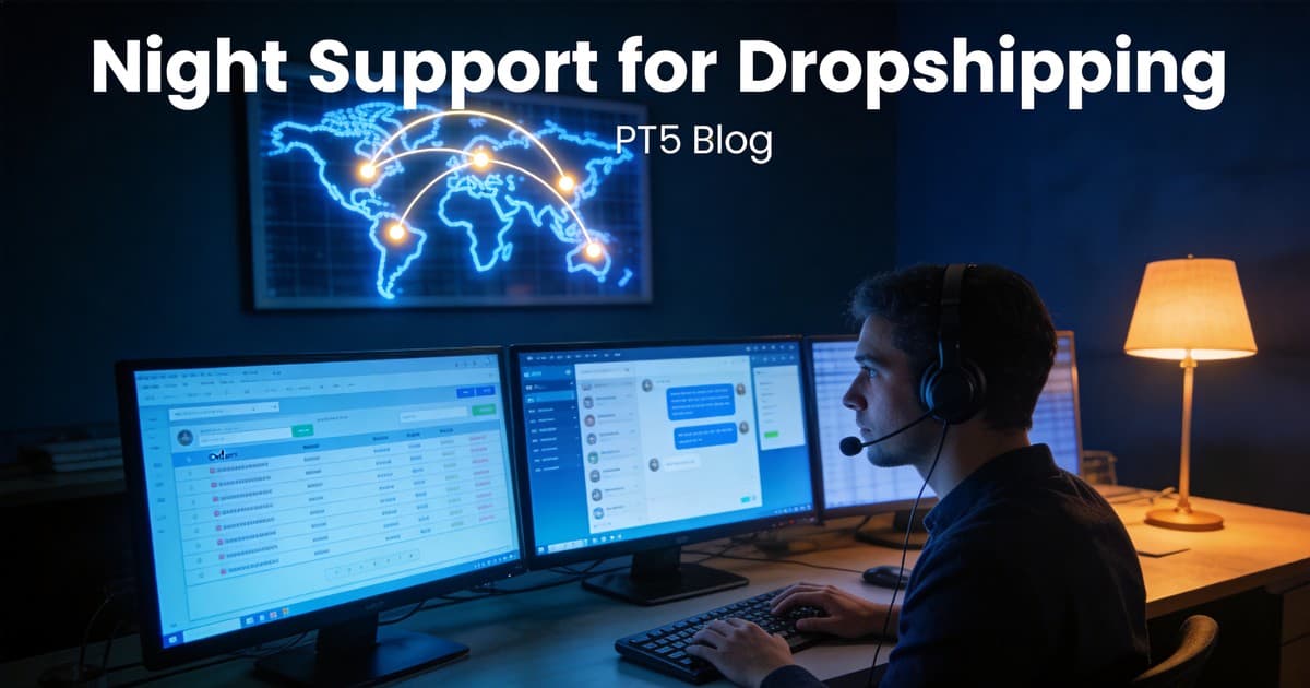 Night support agent working at a headset and monitors beside a world map