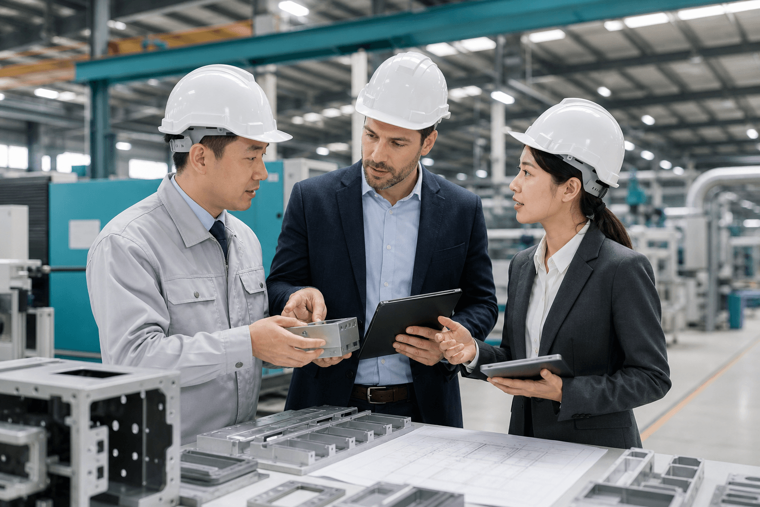 International buyer meeting a factory manager with a local business escort