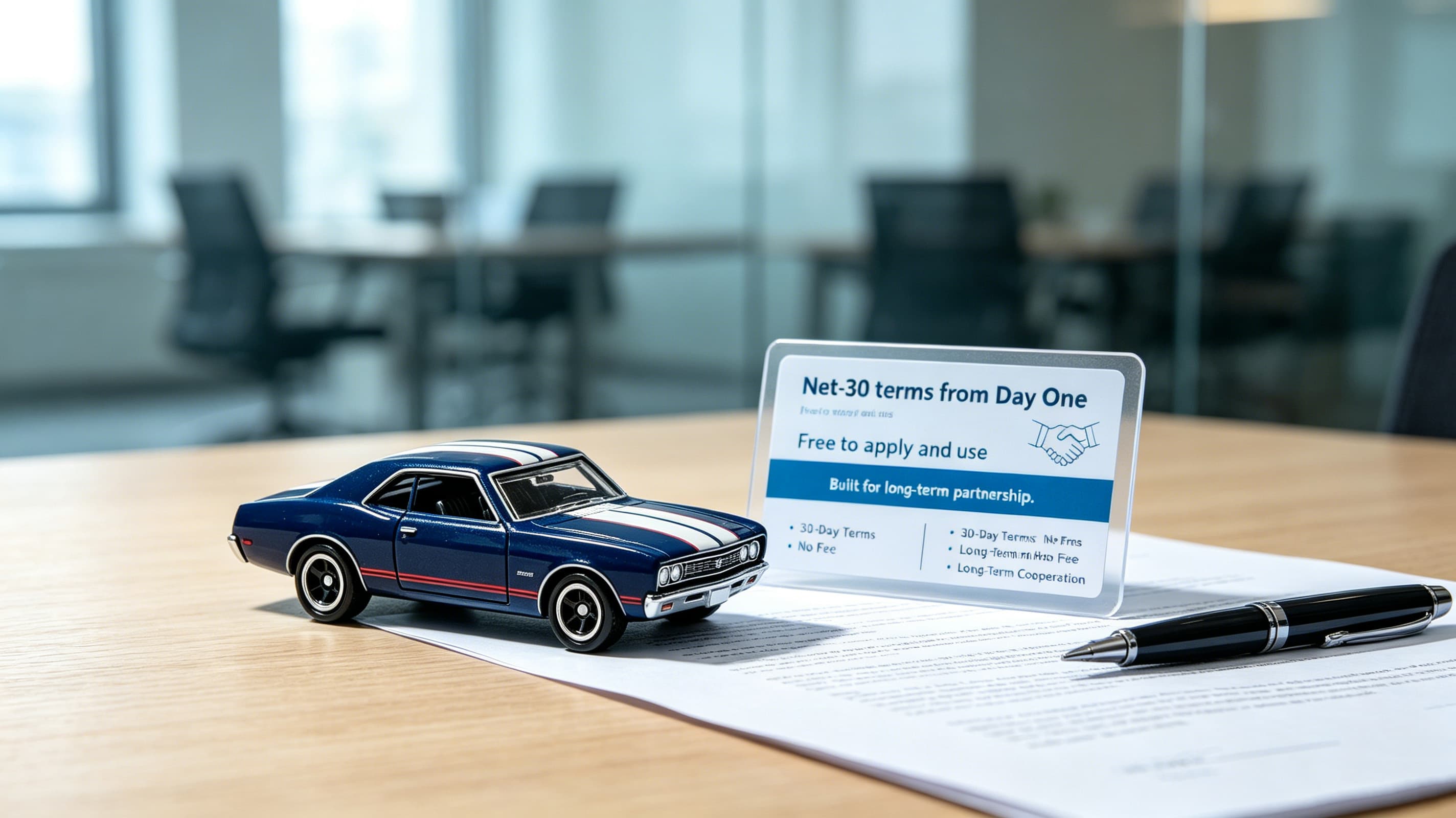 Credit terms card on a desk with contract paperwork