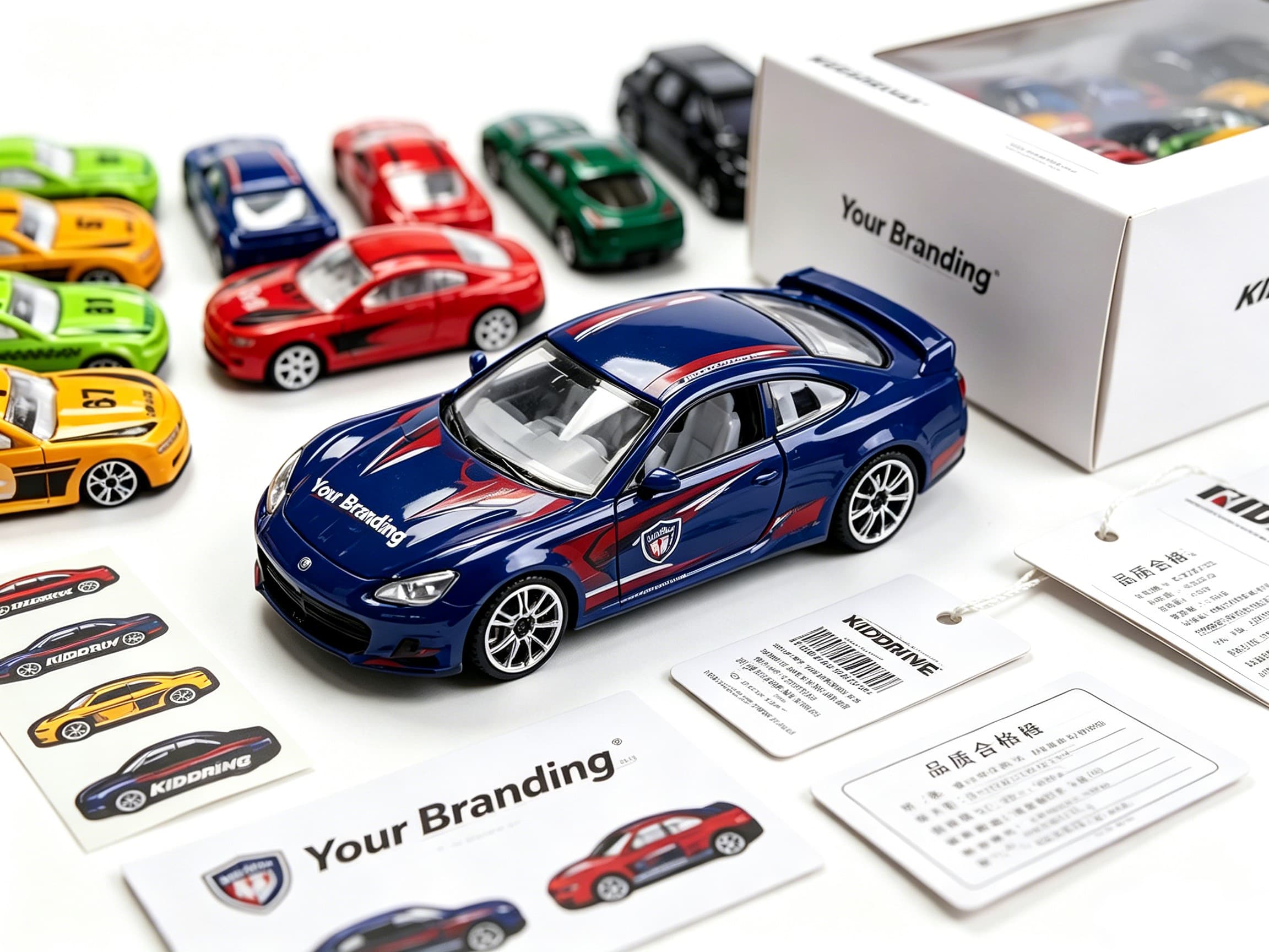 Branded toy car packaging, labels, and product inserts