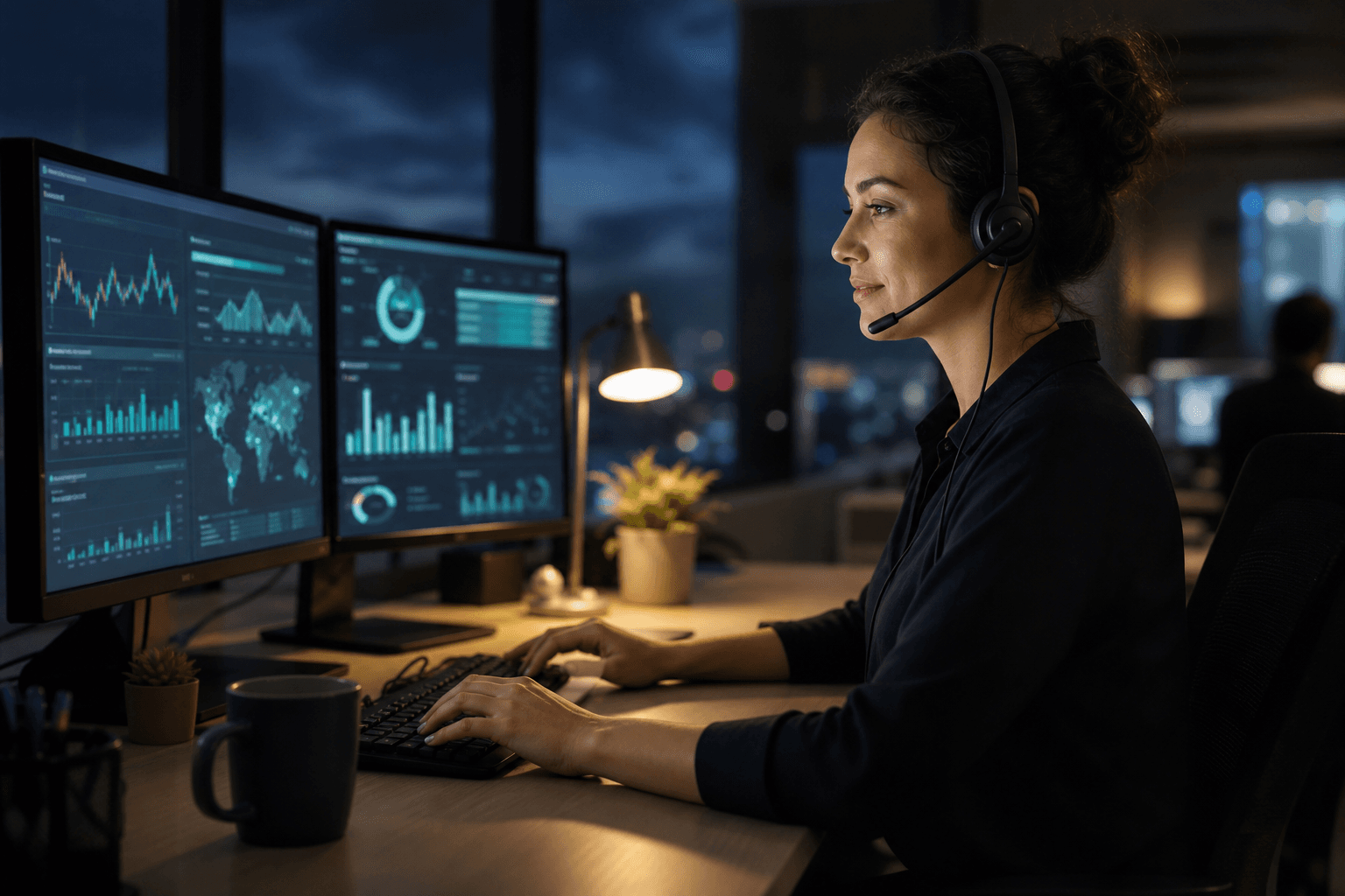 Night-shift support specialist monitoring overseas ecommerce orders