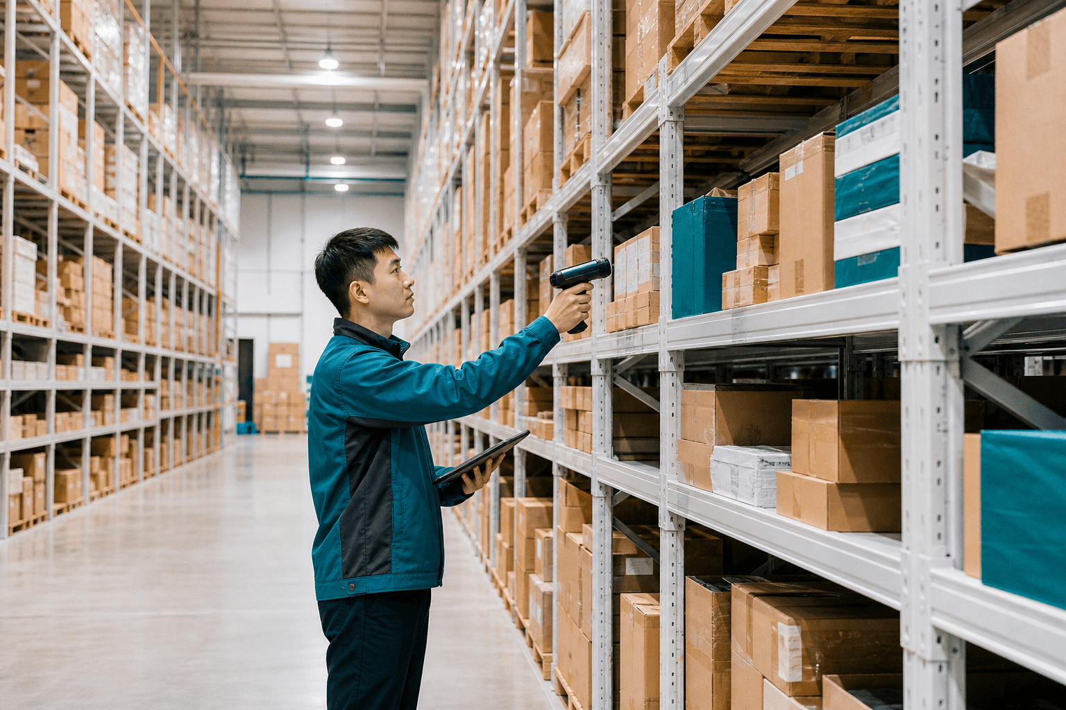 Warehouse specialist scanning inventory along organized storage racks