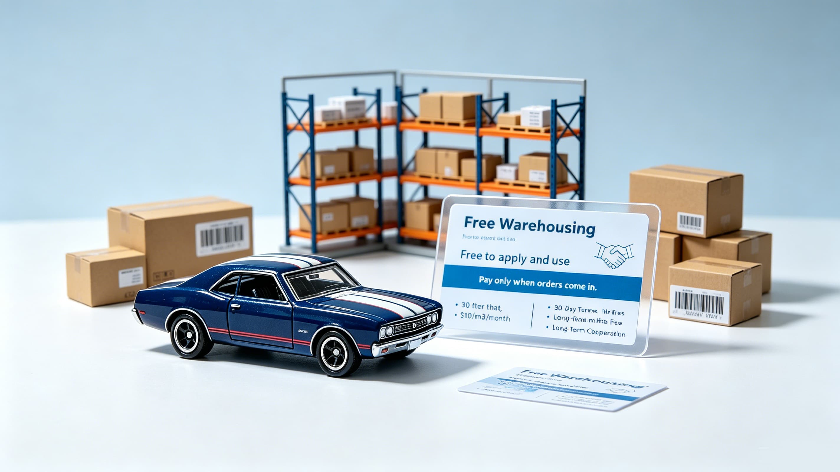 Warehouse shelves, parcels, and free warehousing service card