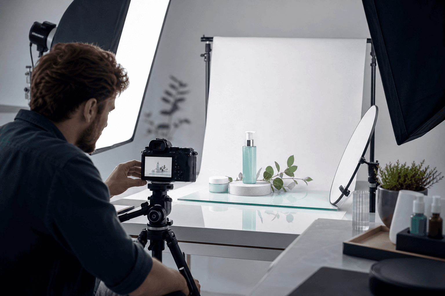 Product photo studio setup with camera and softbox lights
