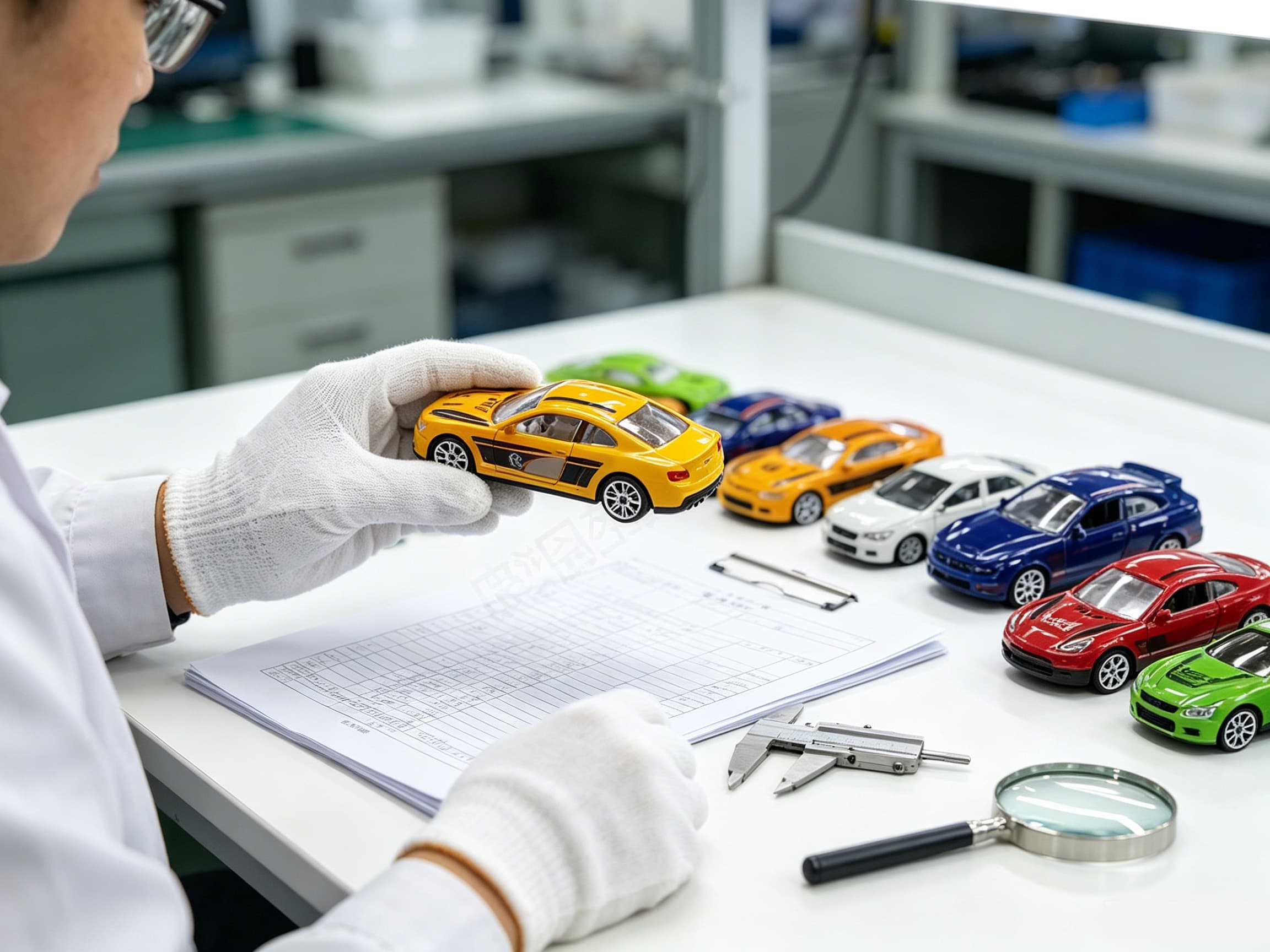 Toy cars inspected with gloves, checklist, and magnifier