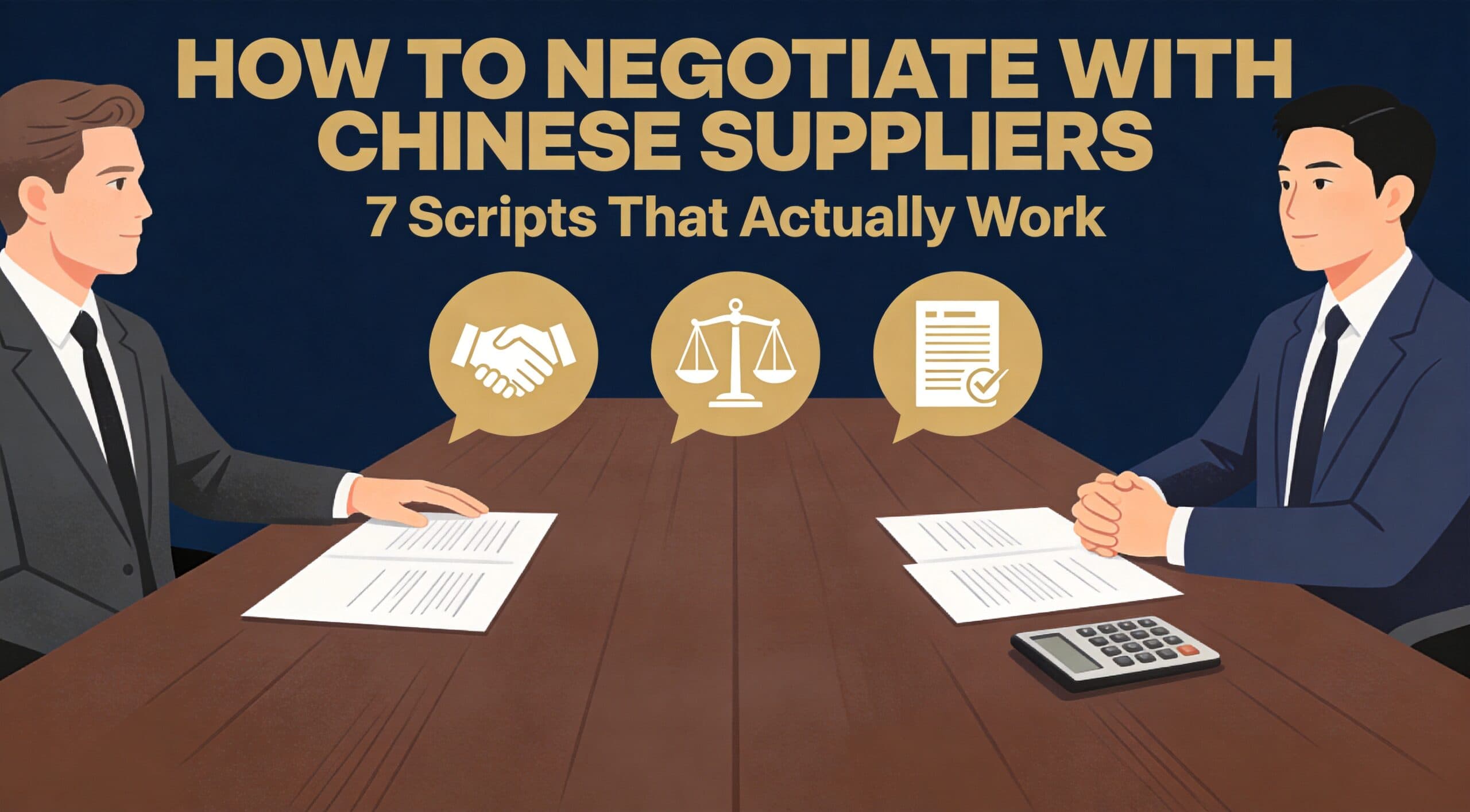 Buyer and Chinese supplier across a negotiation table, deep navy and sand palette