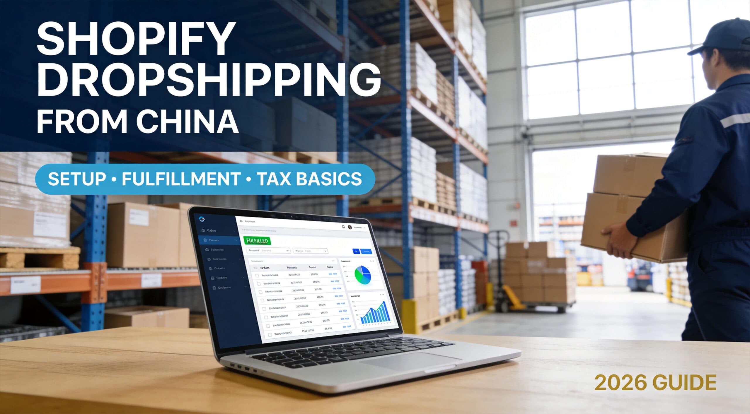 Online store orders on a laptop with warehouse packing in the background.