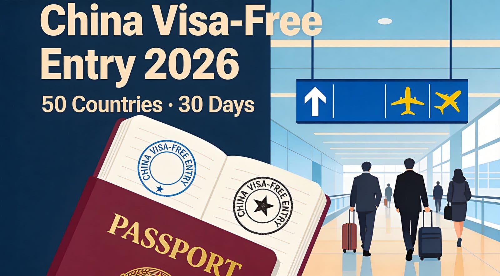 China Visa-Free Entry 2026: passport and entry stamps at an airport arrivals hall