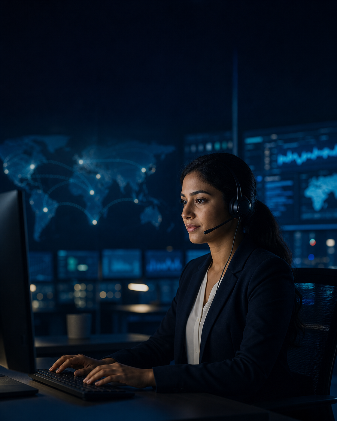 Night-shift customer support specialist monitoring global ecommerce operations
