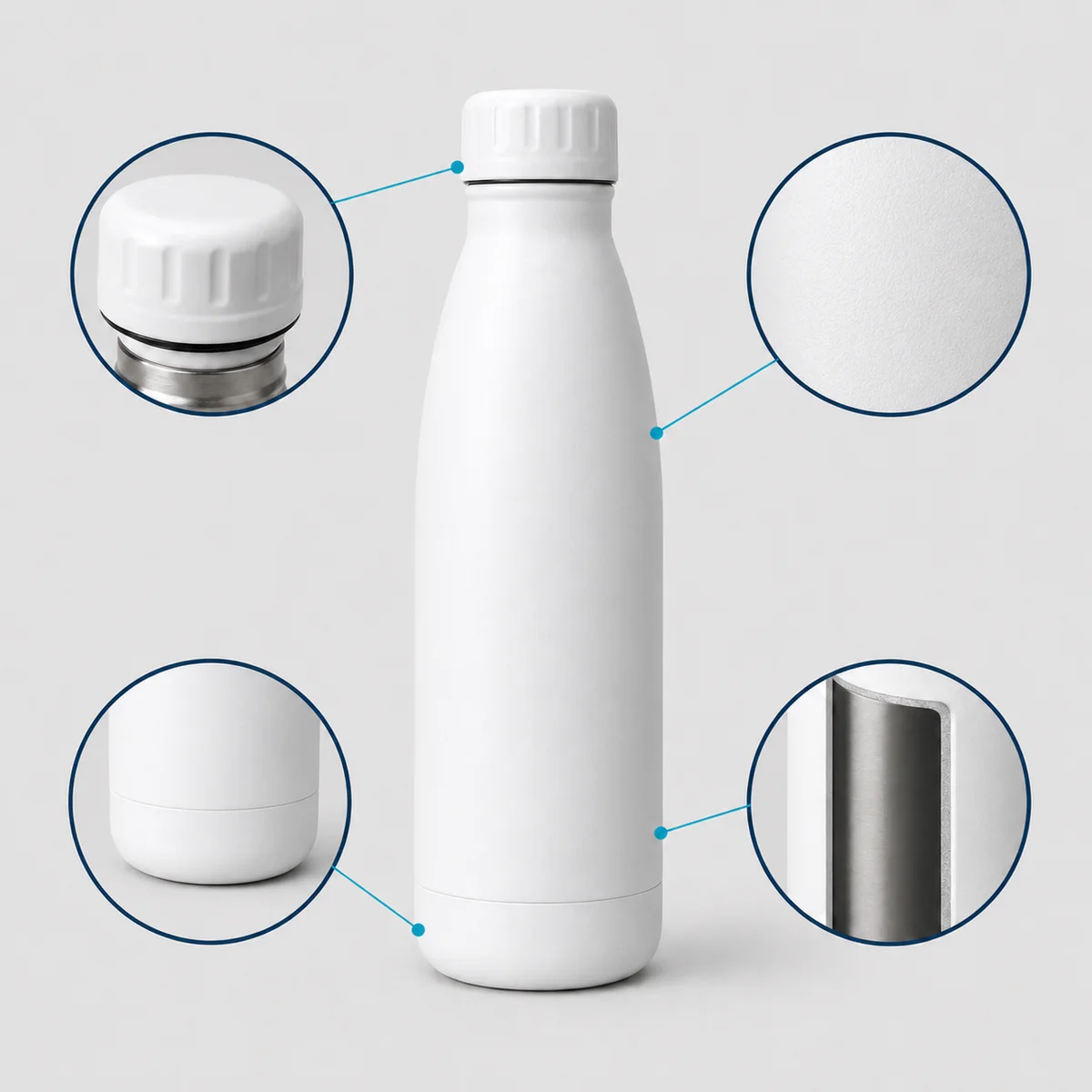Bottle surrounded by four visual feature callouts