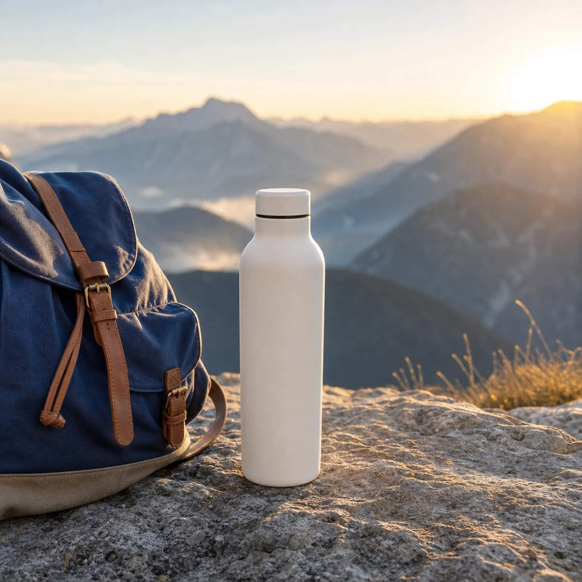 White insulated bottle in an outdoor lifestyle setting