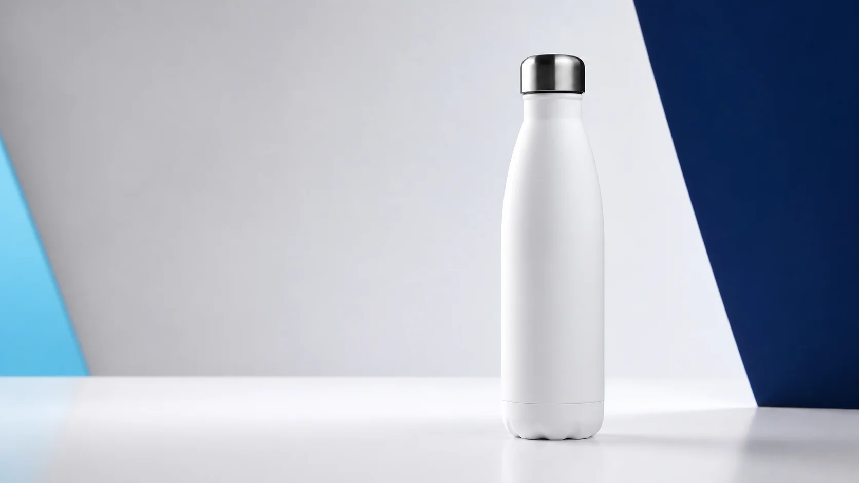 Studio photograph of an unbranded white insulated bottle
