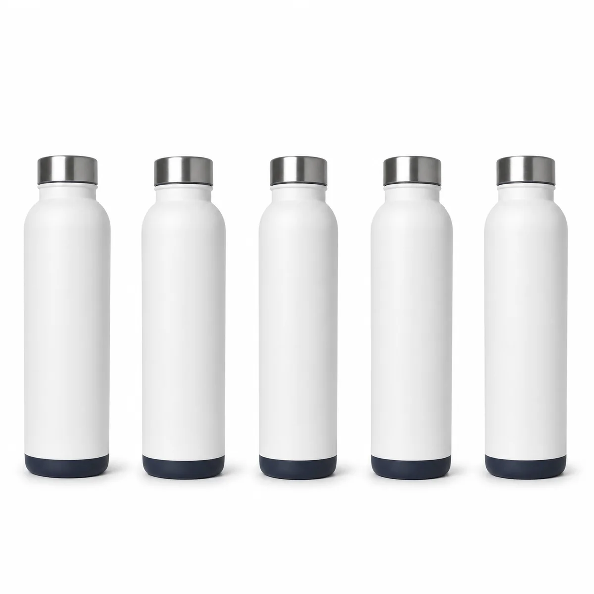 Five consistent rotational views of a white insulated bottle